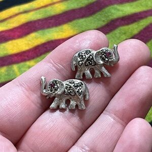 VTG Marsala Signed Designer Lucky Elephant Marcasite Sterling 925 Post Earrings